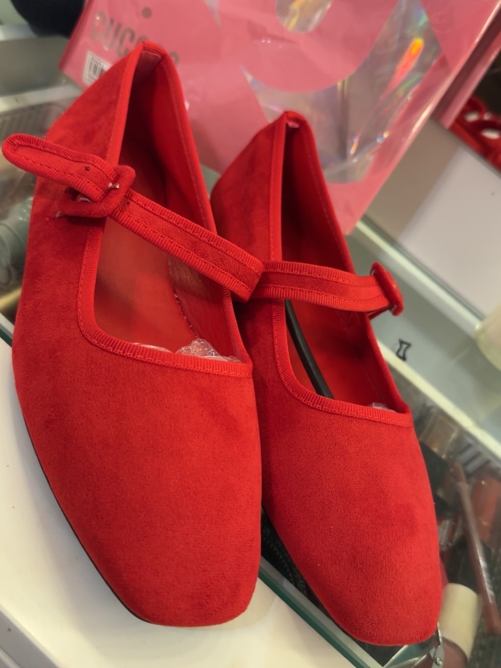 Red Suede Mary Jane Flats - Women